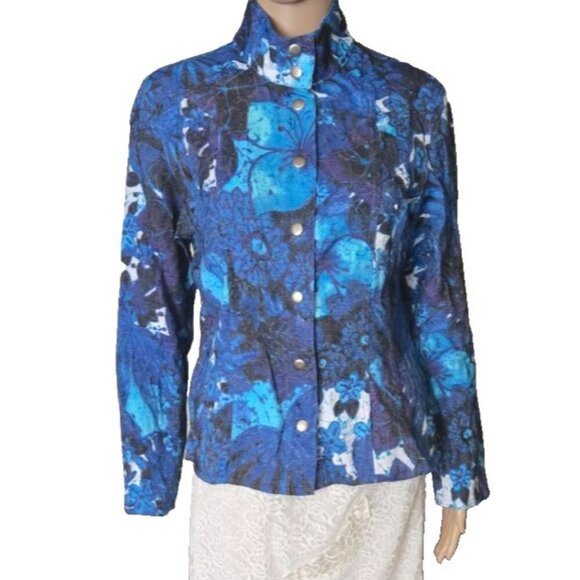 Chico's Women's Jacket Blue Multi Floral Snap Front Mock Neck size 1 - Picture 2 of 5